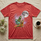 Chinese Water Dragon Moon Howl T-Shirt in Heather Red — Three Chinese Water Dragon colour morphs howling at a full moon over a nebula on a dark grey t-shirt.