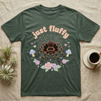 Mexican Redknee Tarantula Baby T-Shirt in Military Green — Fuzzy Mexican redknee tarantula on a pastel web with blossoms under puffy peach bubble text "just fluffy".