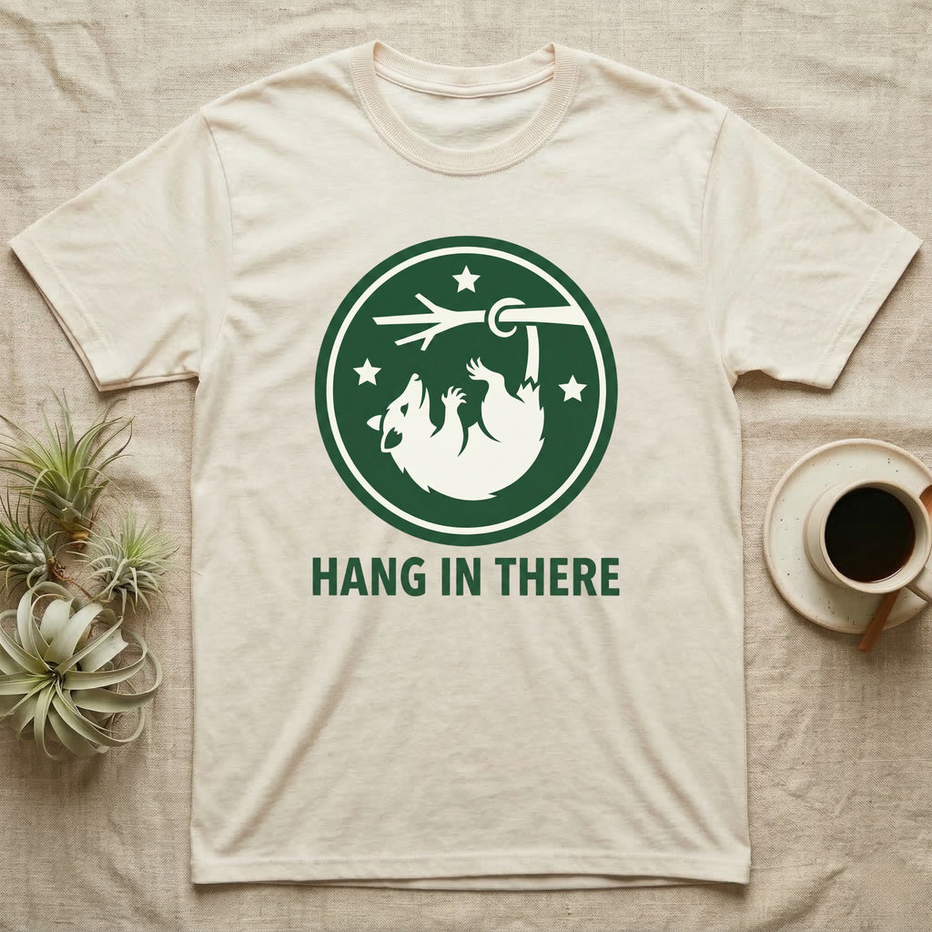 Cream t-shirt with raccoon hanging from branch and text "HANG IN THERE".
