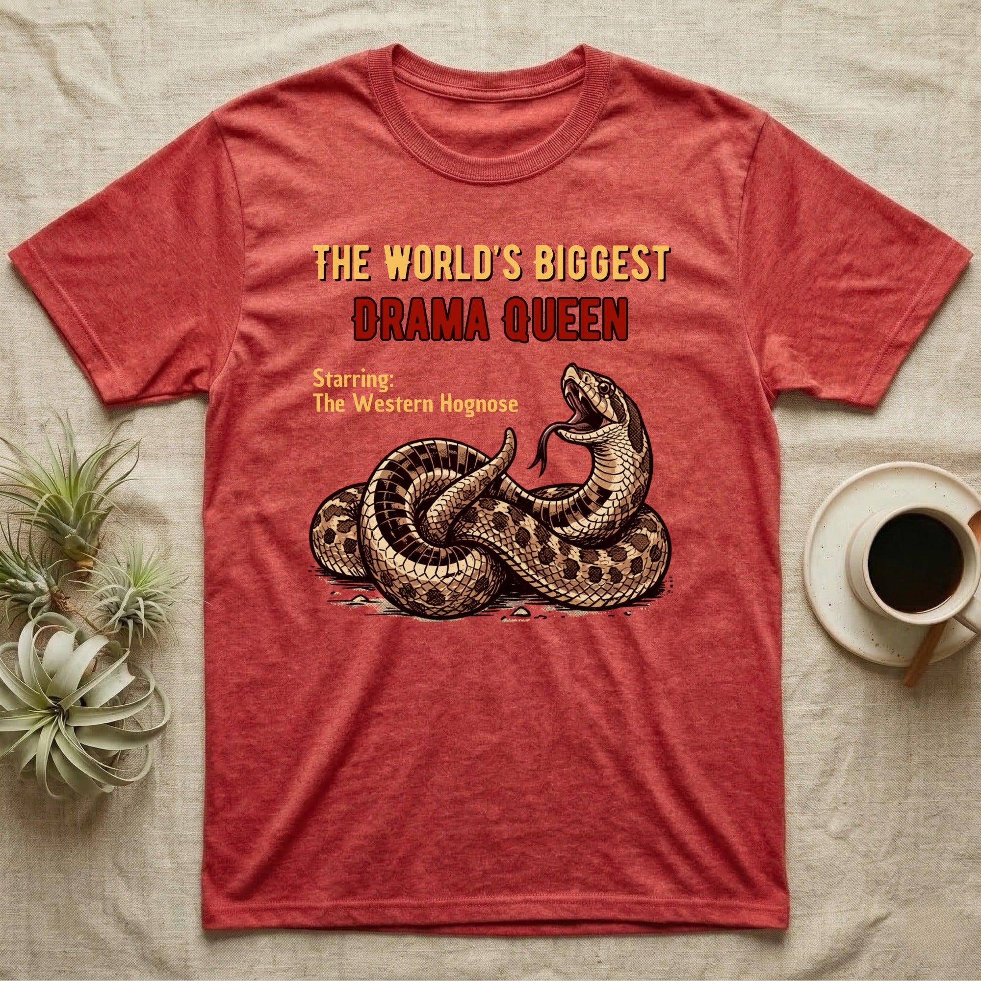Red t-shirt with a Western Hognose snake graphic and text.