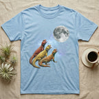 Uromastyx Moon Howl T-Shirt in Light Blue — Three Uromastyx colour morphs howling at a full moon over a nebula on a dark grey t-shirt.