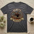 Tarantula Don't Touch Enclosure Tee in Dark Heather — Distressed circular badge of a defensive tarantula on desert ground, red and gold banner reading Don't Touch My Enclosure, on black.