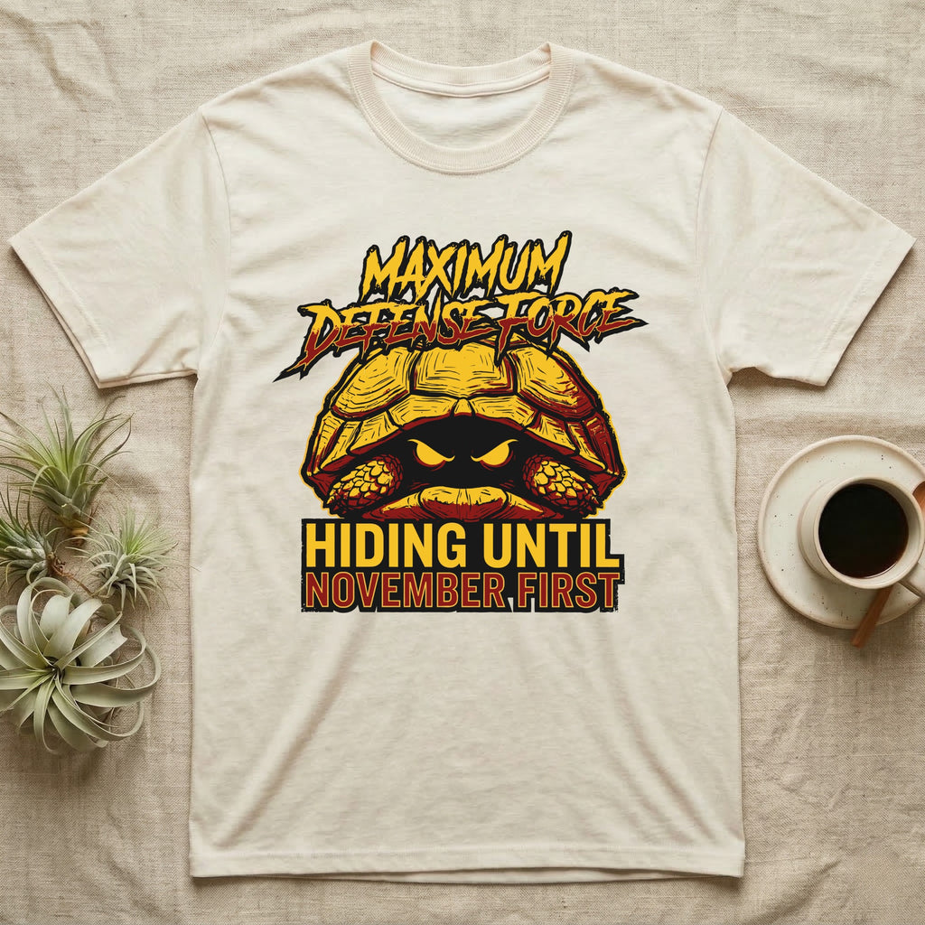 Tortoise Maximum Defense Force T-Shirt in Natural — Metal graphic of a tortoise glaring from its shell, "Maximum Defense Force, Hiding Until November First."