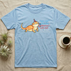 Bearded Dragon Birthday T-Shirt in Light Blue — Sketch-style bearded dragon in a party hat holding a flag with handwritten text Happy 250th Birthday, America.