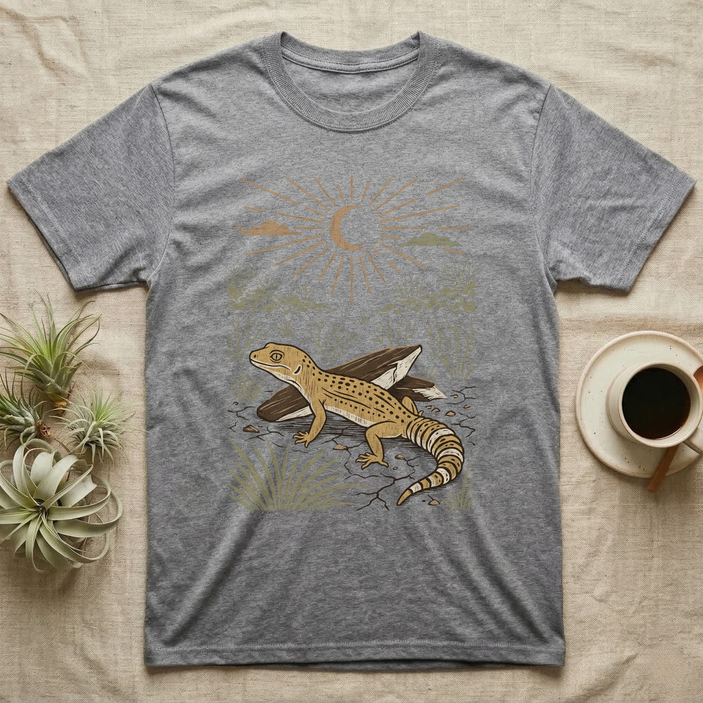 Leopard Gecko Home Range T-Shirt in Sport Grey — Woodcut-style illustration of a leopard gecko standing on cracked earth beside flat stones with thorn scrub behind, no on-shirt text.