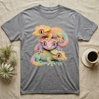 Gray t-shirt with stack of three colorful, smiling geckos.