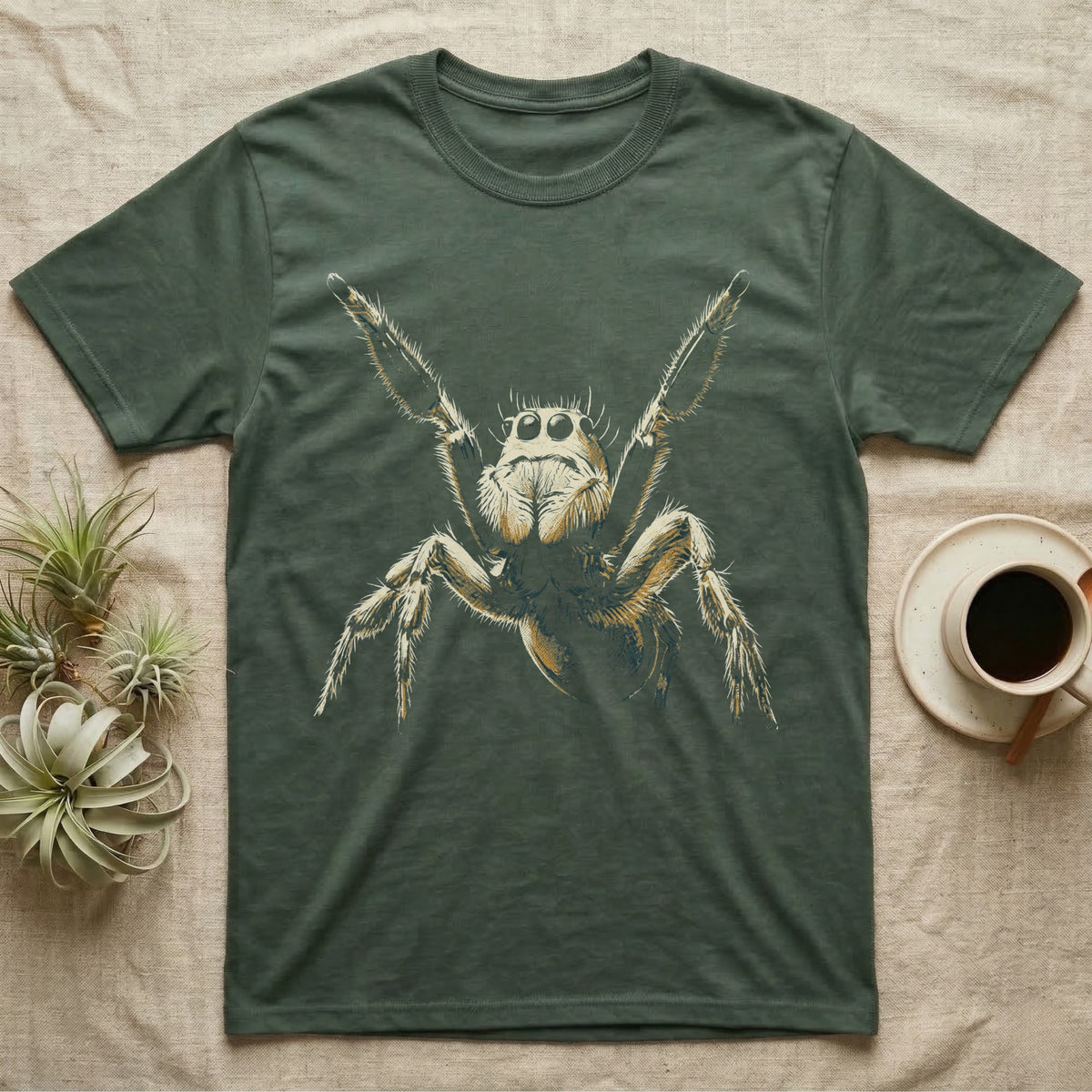 Vintage ink illustration of a regal jumping spider rearing up with both front legs raised in a threat display, halftone shading, no on-shirt text. — shown on a Military Green tee.