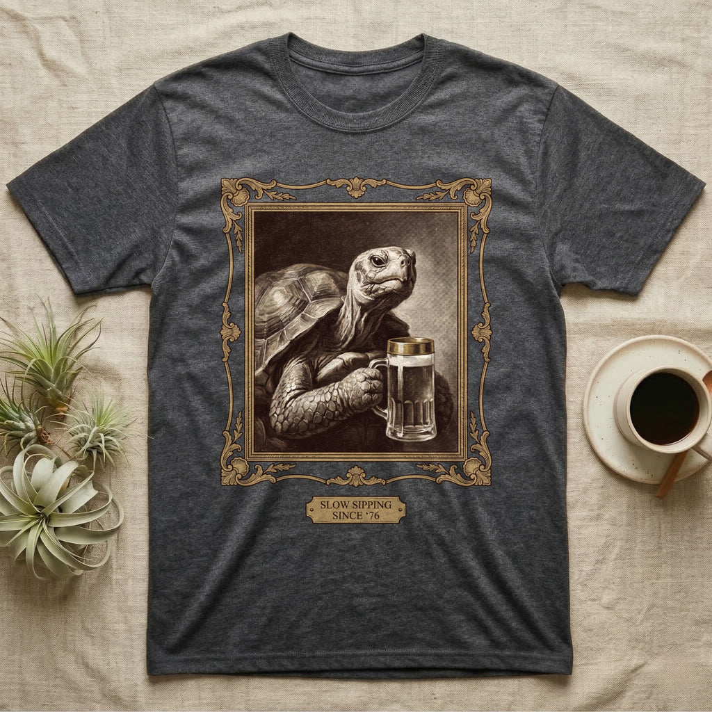 Slow Sipping Tortoise T-Shirt in Dark Heather — Old-master oil portrait of a dignified tortoise holding a beer stein with a brass "Slow Sipping Since '76" plaque.
