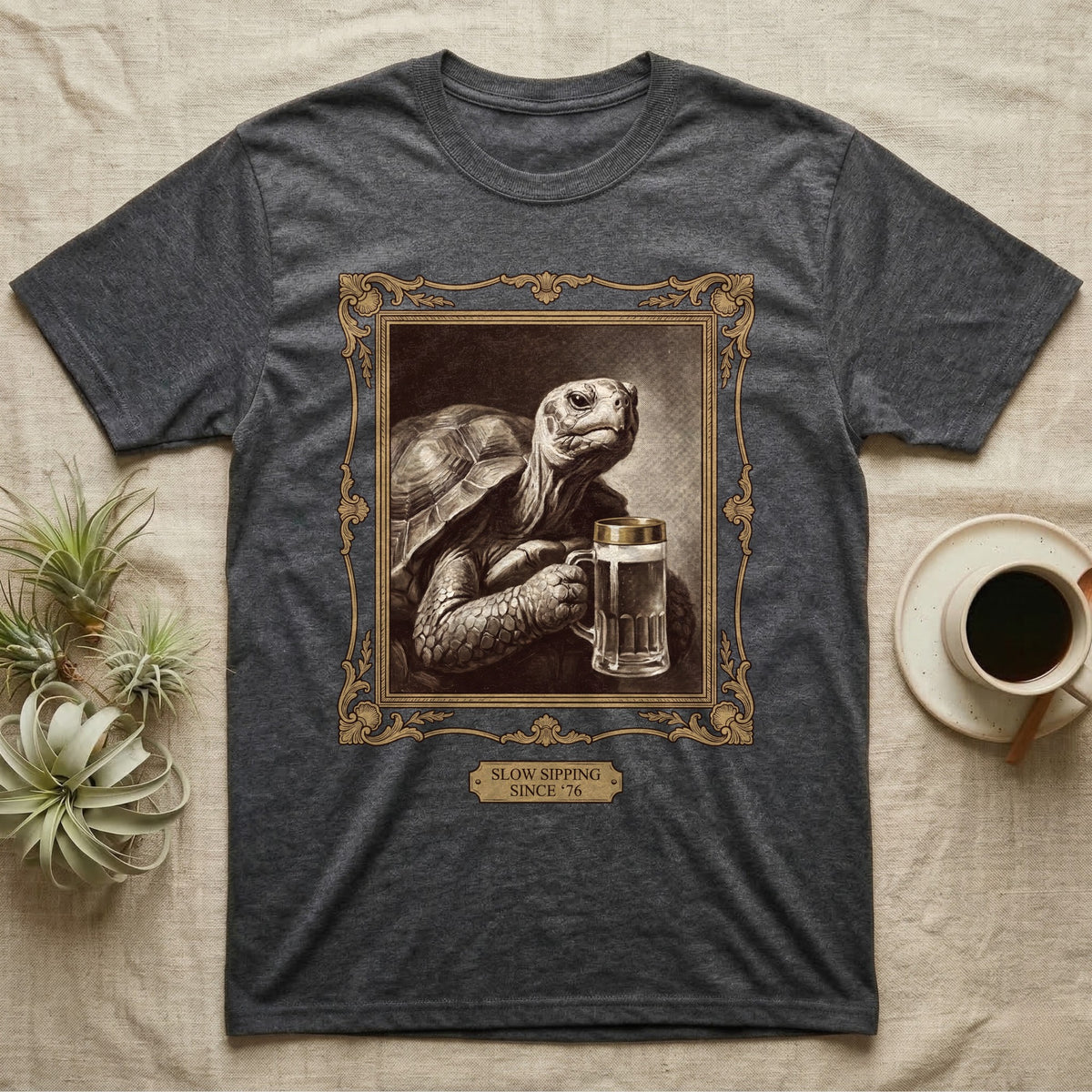 Slow Sipping Tortoise T-Shirt in Dark Heather — Old-master oil portrait of a dignified tortoise holding a beer stein with a brass "Slow Sipping Since '76" plaque.