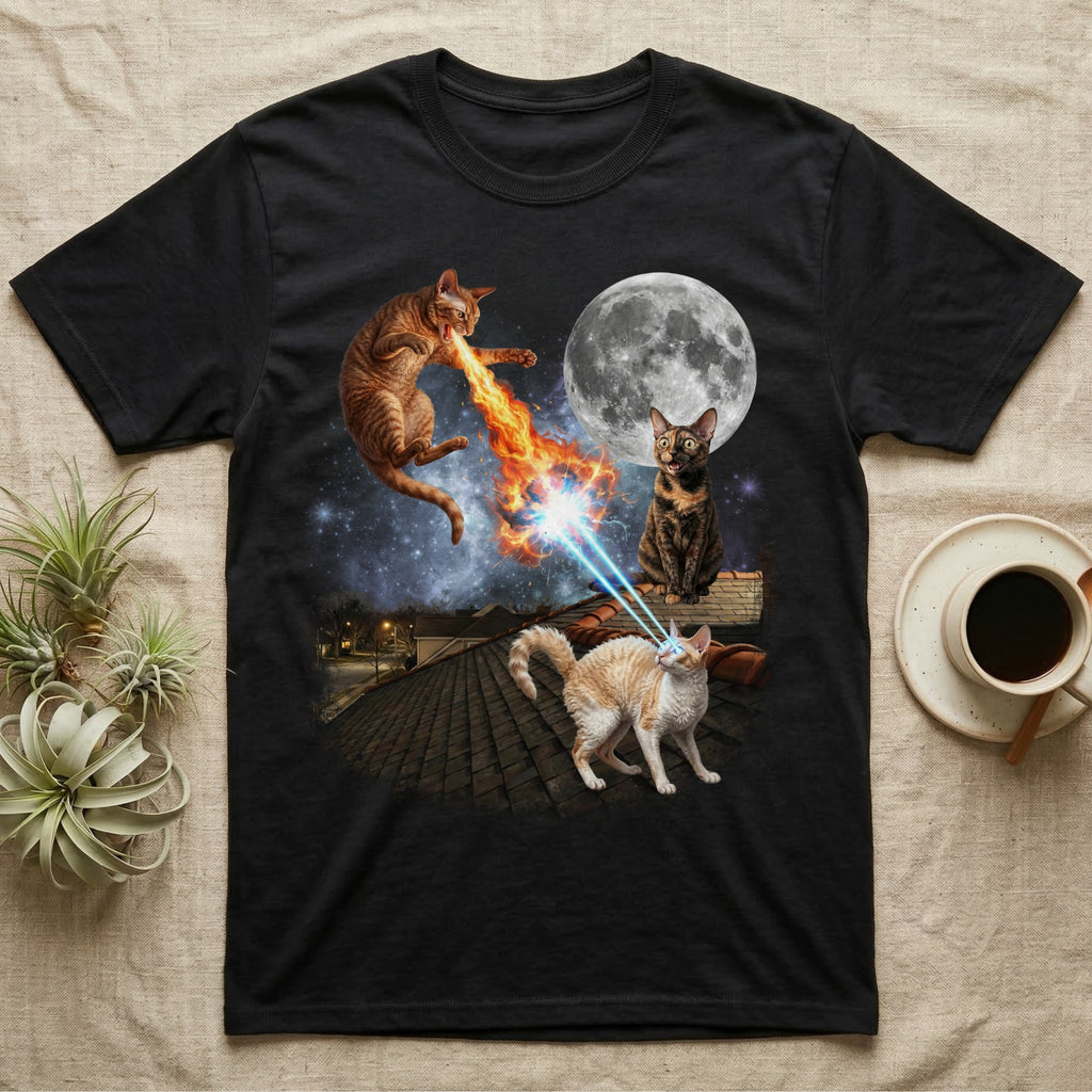 Cats shooting lasers at a full moon from a rooftop.