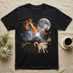 Cats shooting lasers at a full moon from a rooftop.