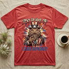 Bearded Dragon Uncle Sam T-Shirt in Heather Red — Splatter-art bearded dragon as Uncle Sam pointing forward under text 250 Years of Lizard Supremacy.