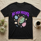 Mourning Gecko Feral T-Shirt in Black — Mourning gecko on a leaf flanked by clone silhouettes under a jagged violet metal "NO MEN NEEDED" wordmark.