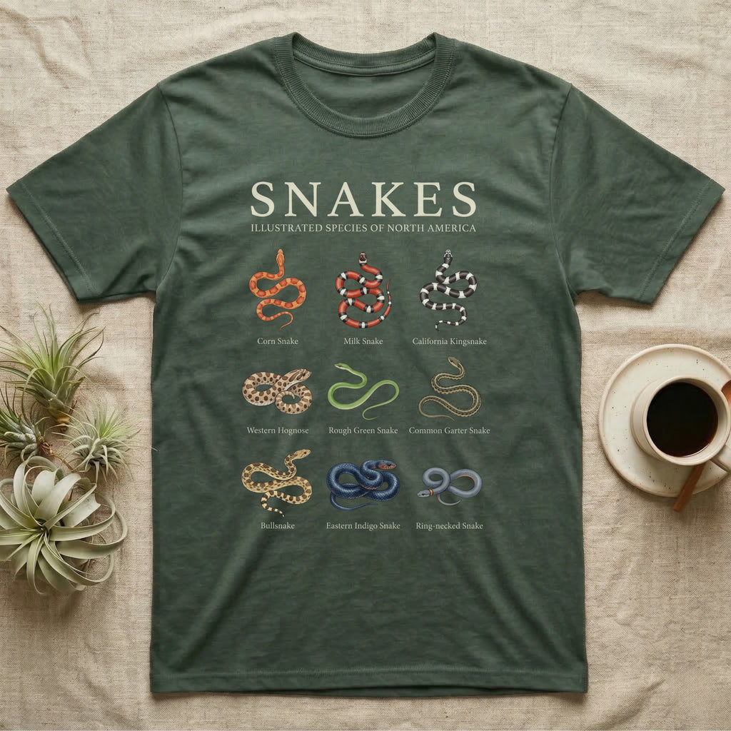 Snake Species Chart T-Shirt in Military Green — Watercolour chart of nine named North American snakes under a cream serif Snakes title on charcoal grey