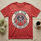 Tarantula Zero Coffins T-Shirt in Heather Red — Circular patch emblem of a tarantula in a top hat with arched text Est. 1776 and 8 Legs Zero Coffins.