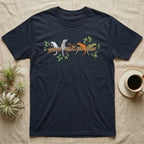 Crested Gecko Morph Line T-Shirt in Navy — Five crested gecko morphs in ink and watercolour perched along one cork bark branch with ficus leaves.