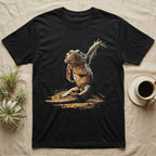 Vintage ink illustration of a bearded dragon seated with legs folded, one arm raised overhead toward a leafy frond, chin lifted, no on-shirt text. — shown on a Black tee.