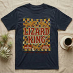 Navy t-shirt with "Lizard King Est. Prehistoric Scaled & Unbothered" text and lizards.