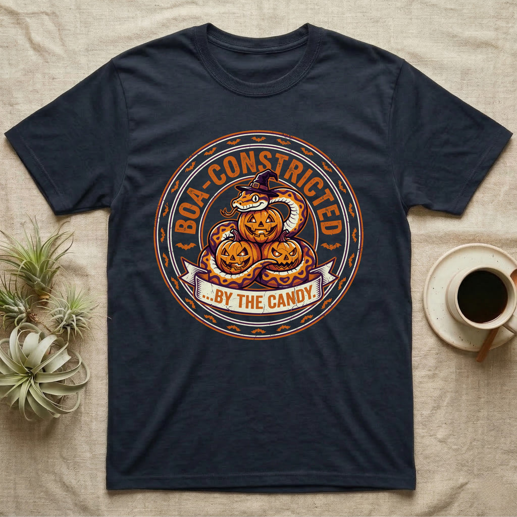 Ball Python Boa-Constricted Candy T-Shirt in Navy — Distressed badge of a witch-hatted ball python on three jack-o'-lanterns, "Boa-Constricted by the Candy."