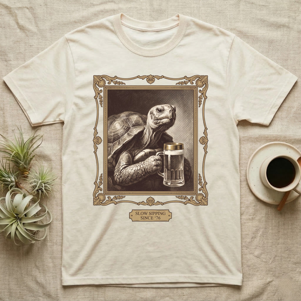 Slow Sipping Tortoise T-Shirt in Natural — Old-master oil portrait of a dignified tortoise holding a beer stein with a brass "Slow Sipping Since '76" plaque.