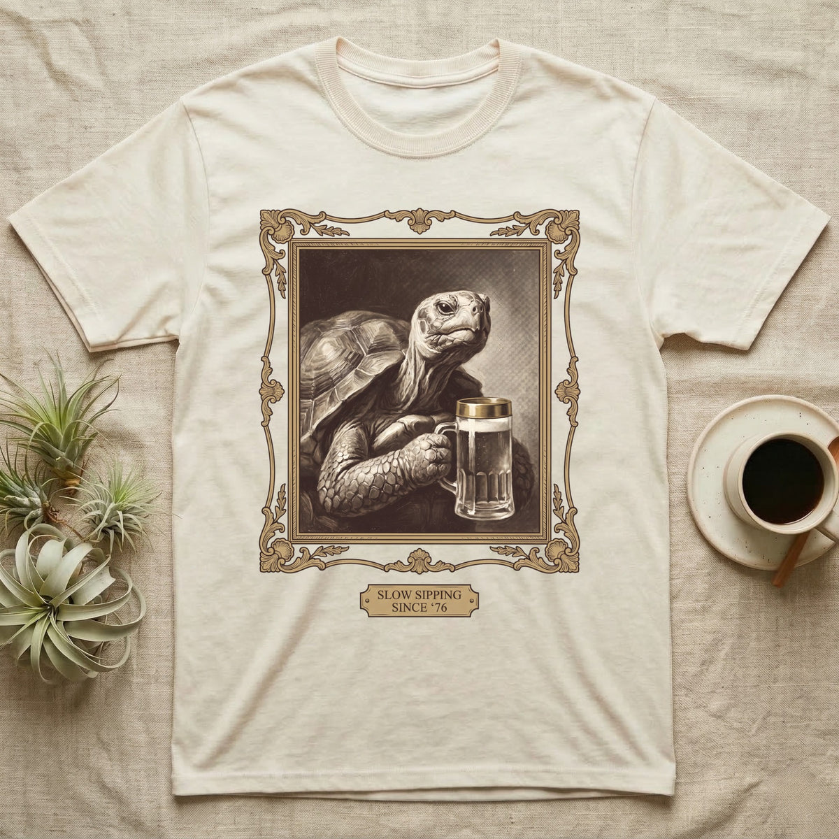 Slow Sipping Tortoise T-Shirt in Natural — Old-master oil portrait of a dignified tortoise holding a beer stein with a brass "Slow Sipping Since '76" plaque.