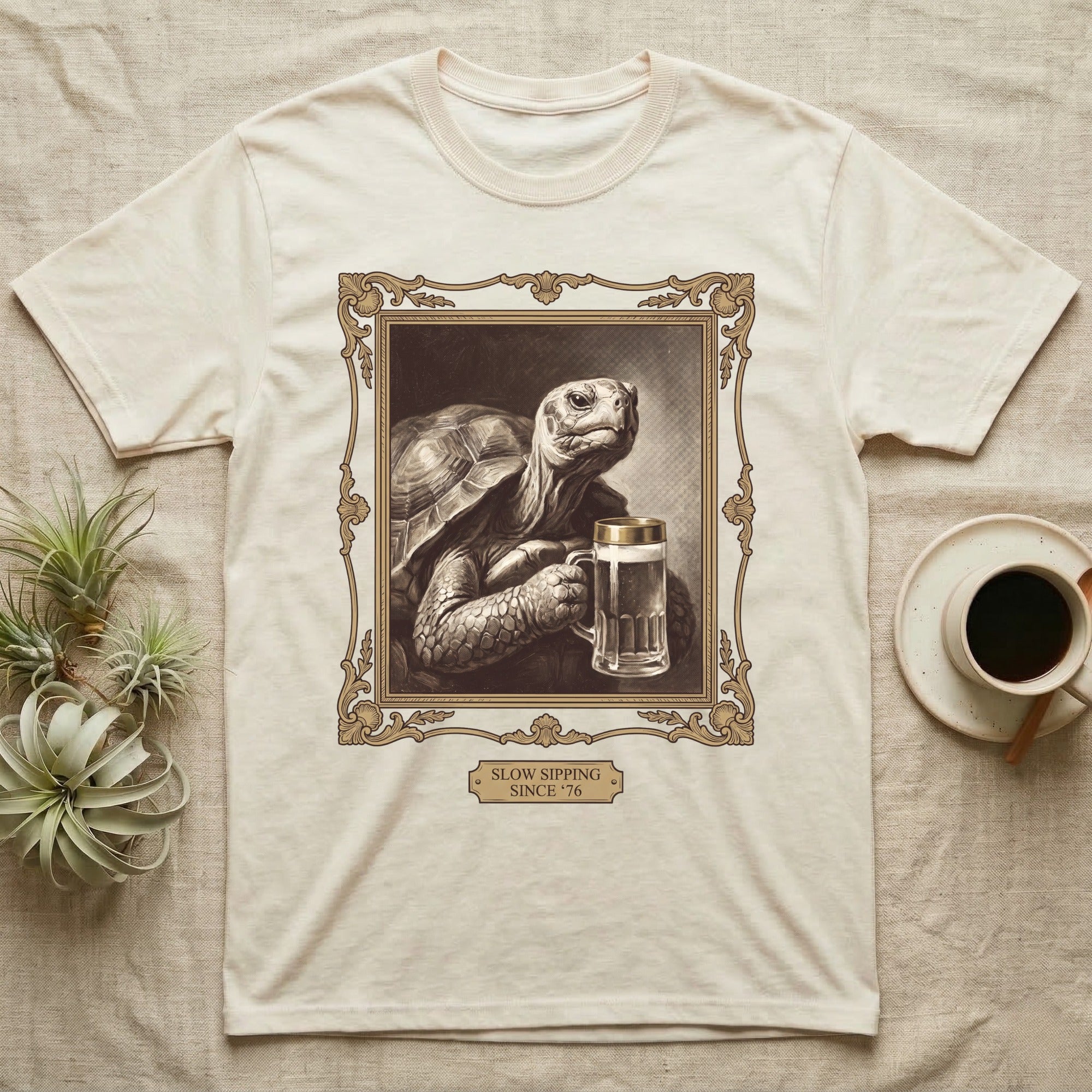 Slow Sipping Tortoise T-Shirt in Natural — Old-master oil portrait of a dignified tortoise holding a beer stein with a brass "Slow Sipping Since '76" plaque.