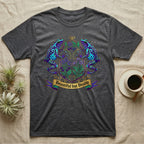 Dark gray t-shirt with ornate blue and purple frog and floral design.