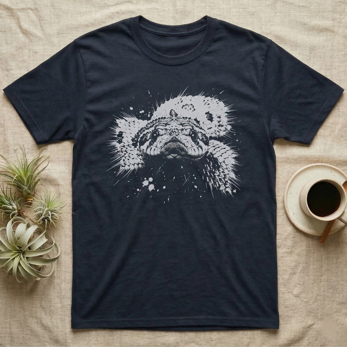 Western Hognose Macro T-Shirt in Navy — Western hognose snake face in extreme close-up, crushed to one pale ink on black with the upturned snout centred.