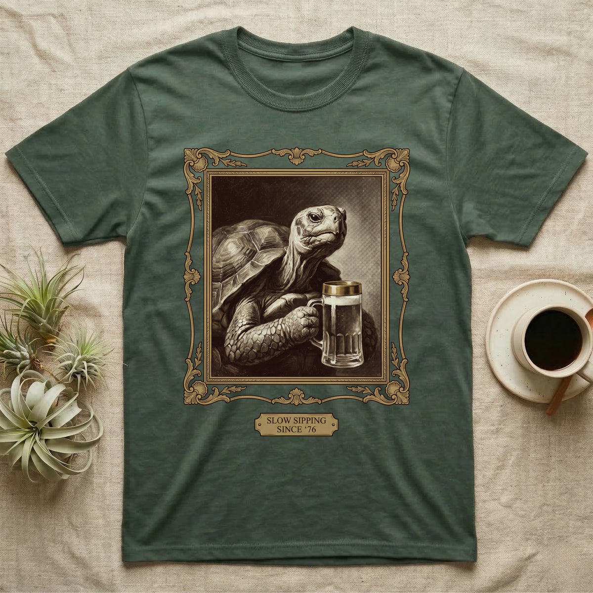 Slow Sipping Tortoise T-Shirt in Military Green — Old-master oil portrait of a dignified tortoise holding a beer stein with a brass "Slow Sipping Since '76" plaque.