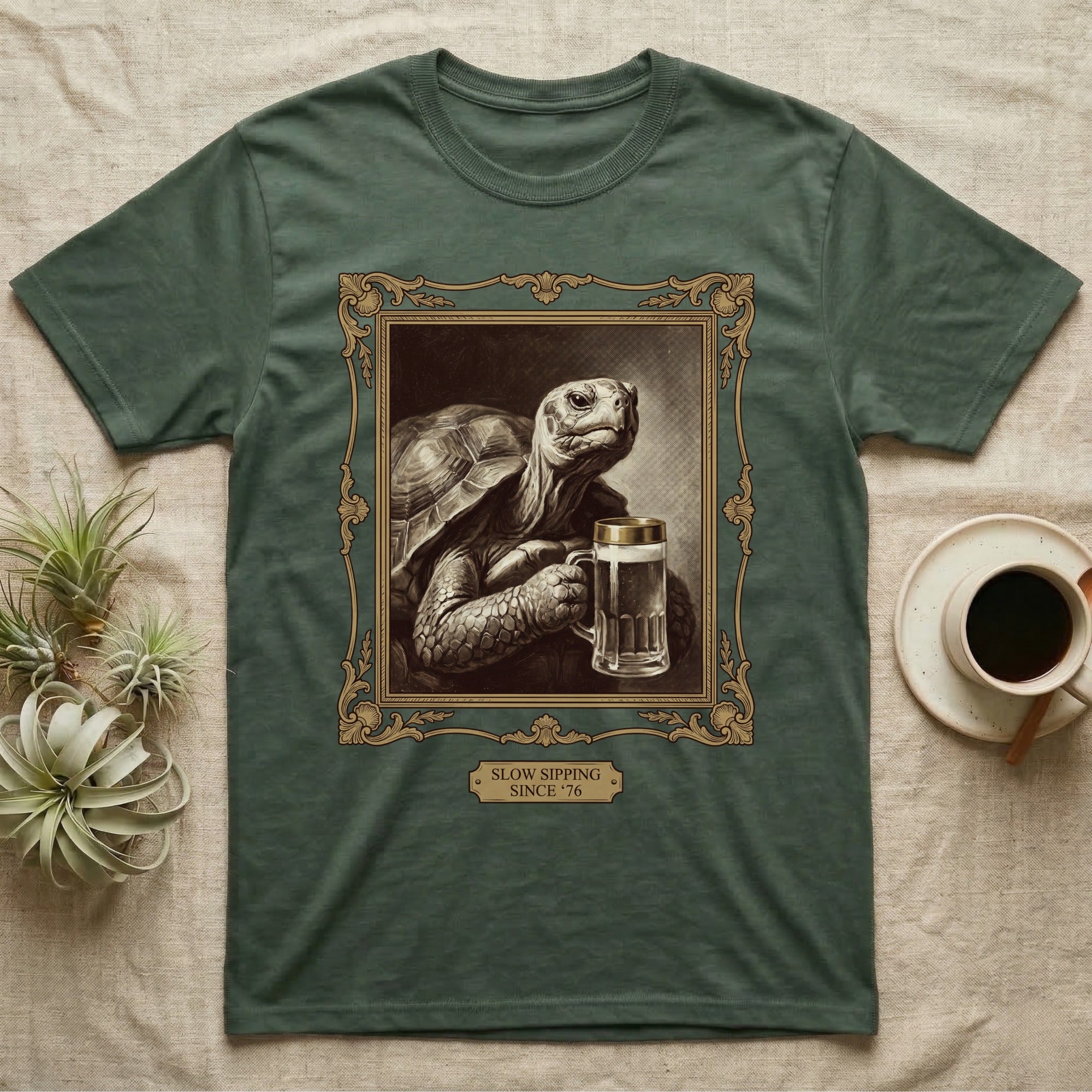 Slow Sipping Tortoise T-Shirt in Military Green — Old-master oil portrait of a dignified tortoise holding a beer stein with a brass "Slow Sipping Since '76" plaque.