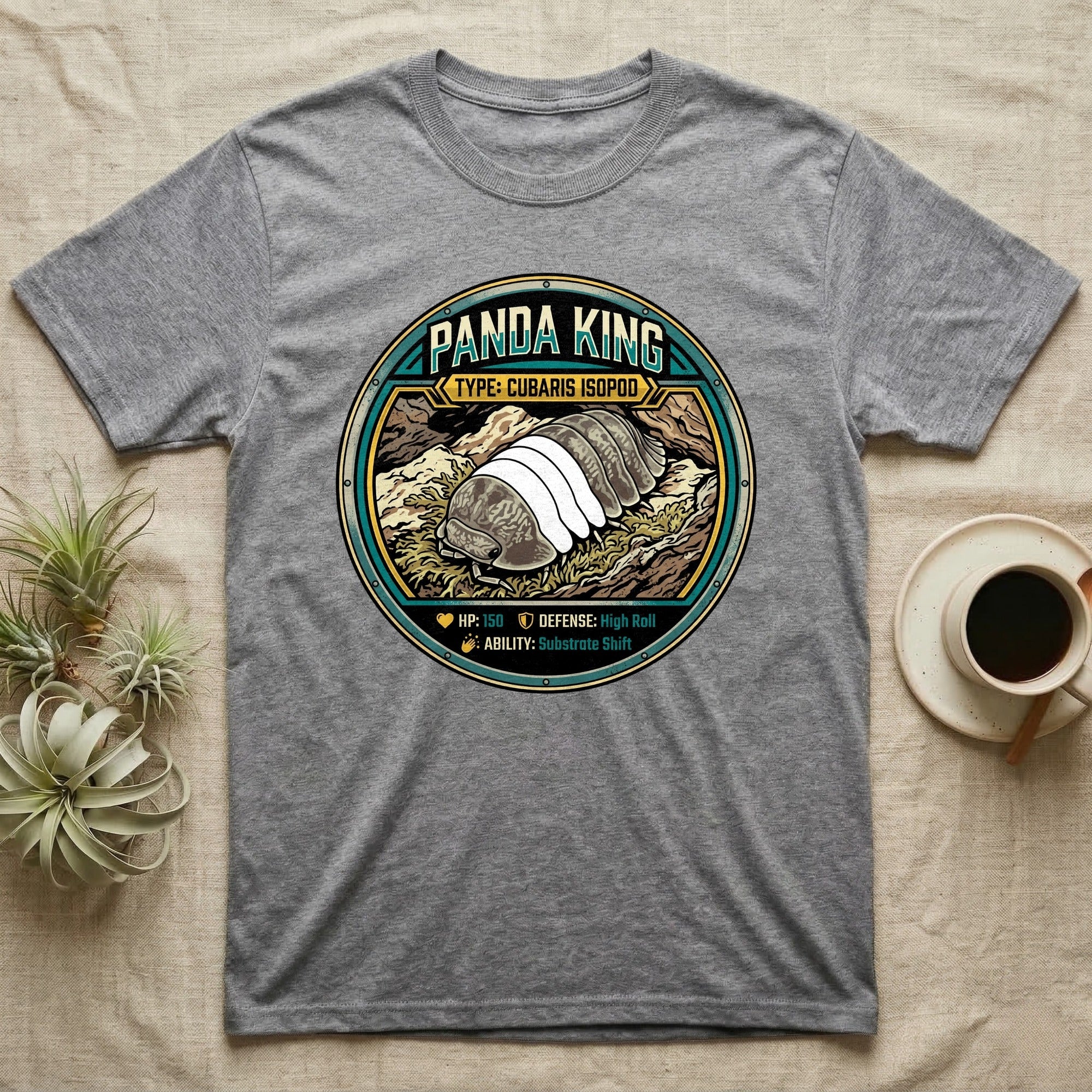 Panda King Isopod Trading Card T-Shirt in Sport Grey — Metal stat-card badge showing a Panda King Cubaris isopod on limestone with HP and ability lines.