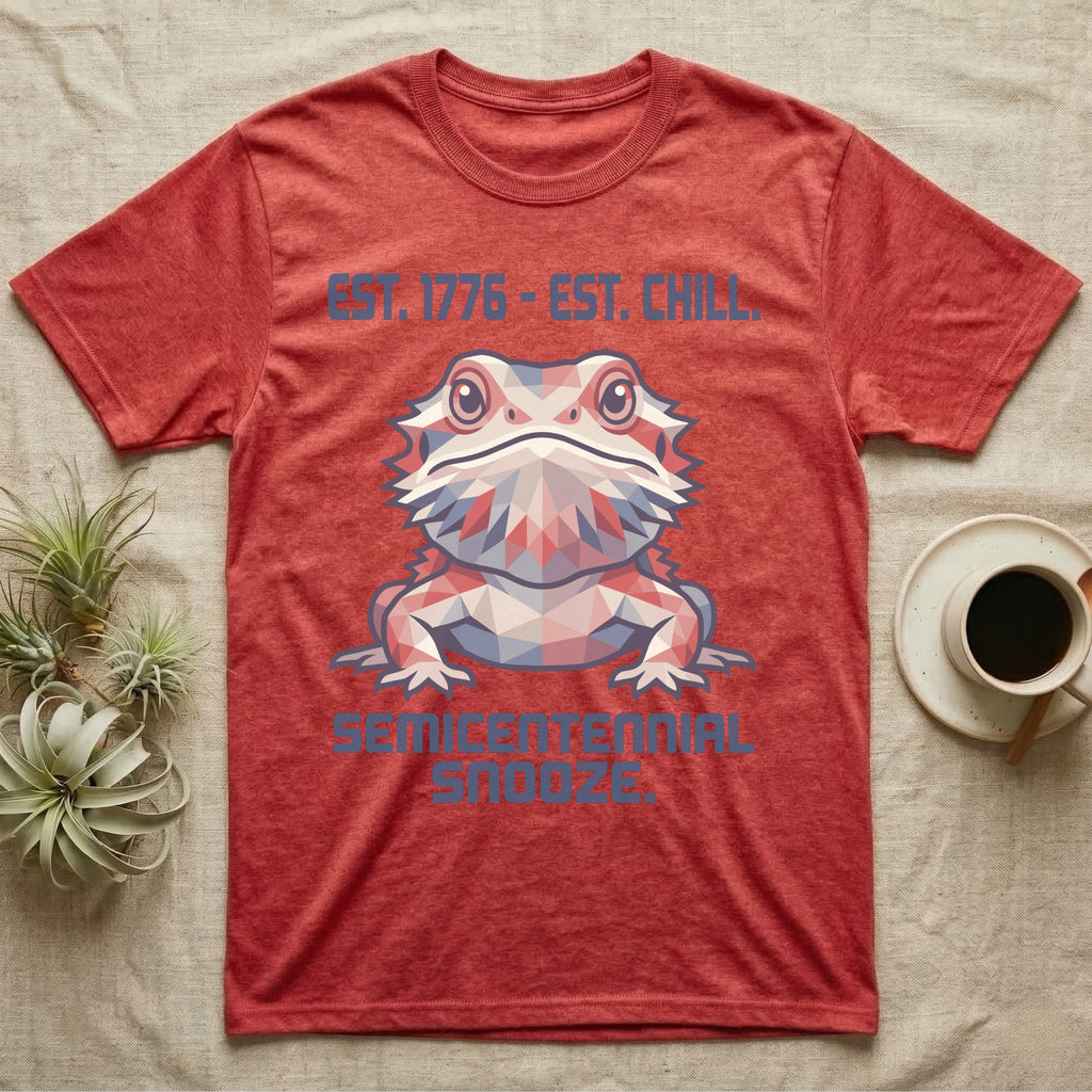 Bearded Dragon Geometric T-Shirt in Heather Red — Low-poly faceted bearded dragon portrait in muted tones with text Est. 1776 Est. Chill and Semicentennial Snooze.