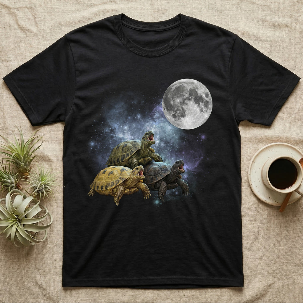 Russian Tortoise Moon Howl T-Shirt in Black — Three Russian Tortoise colour morphs howling at a full moon over a nebula on a dark grey t-shirt.