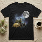 Russian Tortoise Moon Howl T-Shirt in Black — Three Russian Tortoise colour morphs howling at a full moon over a nebula on a dark grey t-shirt.