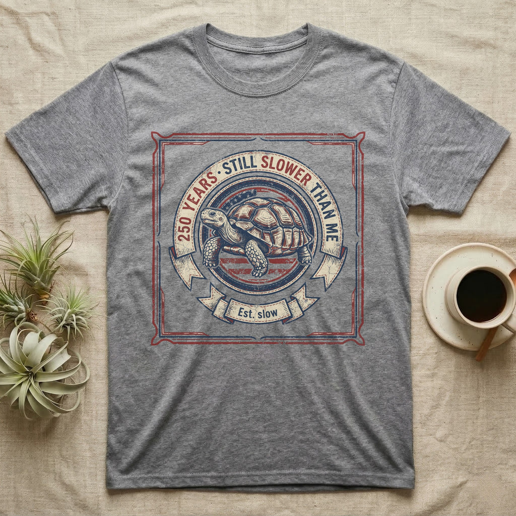 Slower Than Me Tortoise T-Shirt in Sport Grey — Vintage-Americana roundel illustration of a tortoise with a banner reading "250 Years, Still Slower Than Me."