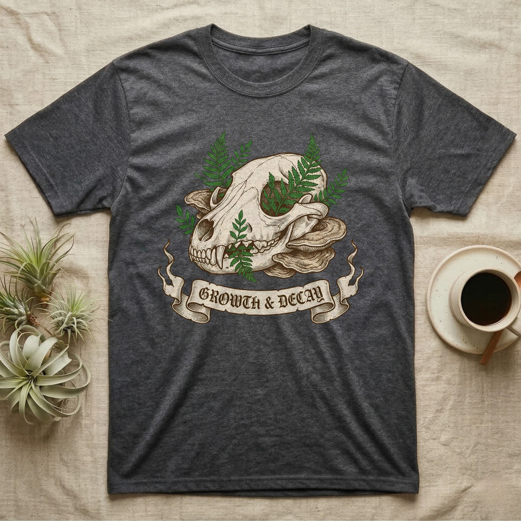Dark gray t-shirt featuring a skull with ferns and mushrooms, and "Growth & Decay" banner.