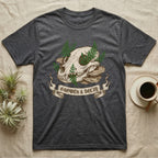 Dark gray t-shirt featuring a skull with ferns and mushrooms, and "Growth & Decay" banner.