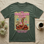 Corn Snake Club T-Shirt in Military Green — Engraved corn snake sitting deadpan under pink lettering The One More Club, with This is definitely the last one below, on yellow stripes