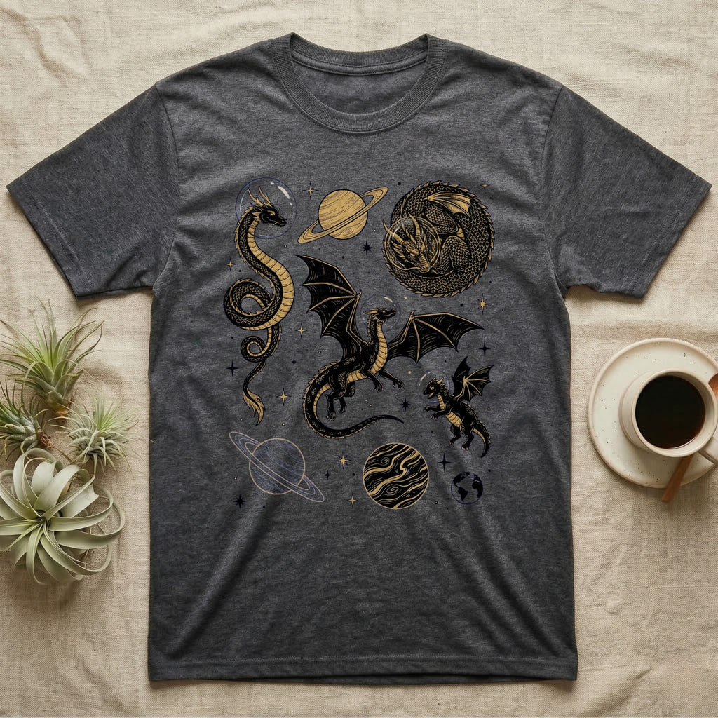 Dark grey t-shirt with celestial dragons and planets design.