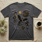 Dark grey t-shirt with celestial dragons and planets design.
