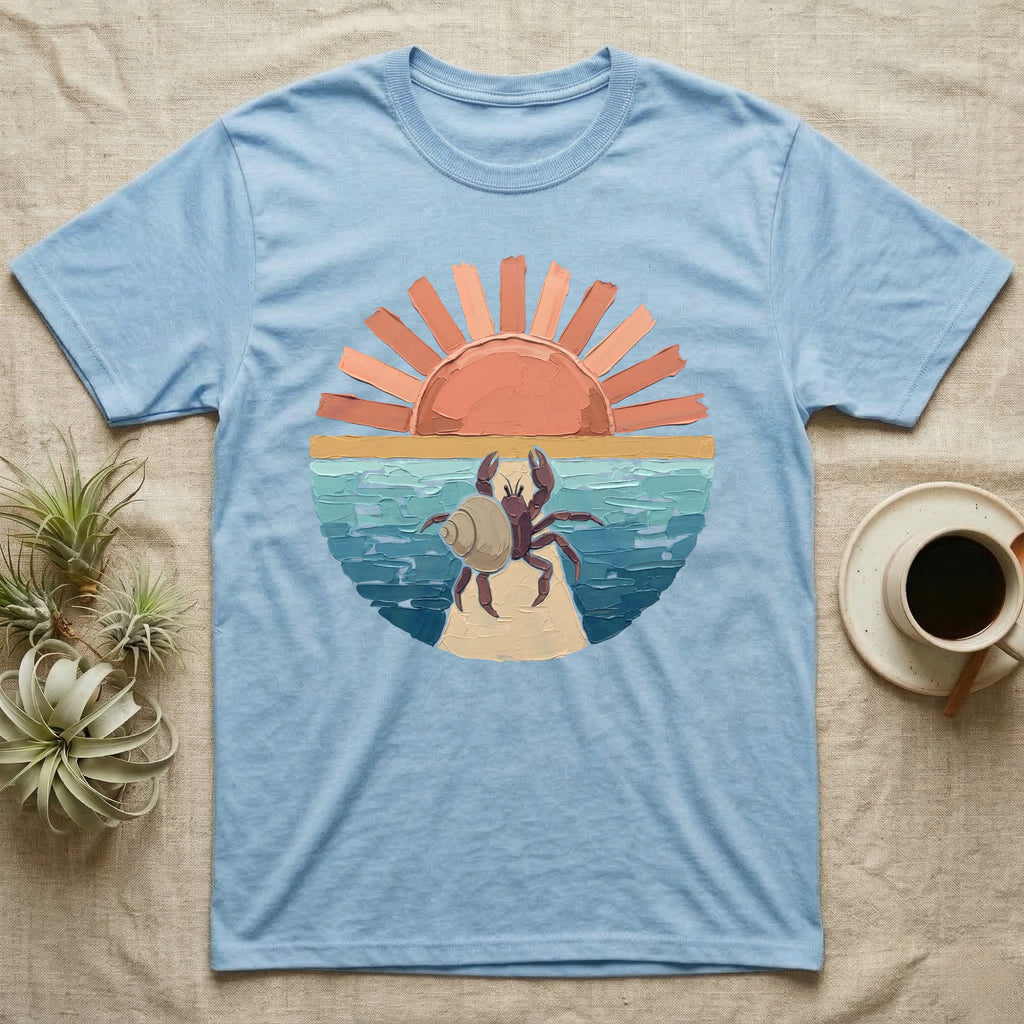 Hermit Crab Big Stretch T-Shirt in Light Blue — Palette-knife painted medallion of a Caribbean hermit crab at full stretch under a coral sunburst.