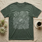 Isopod Colony Pointillism T-Shirt in Military Green — White pointillism colony of isopods on bark with one solid albino isopod standing out at the center.