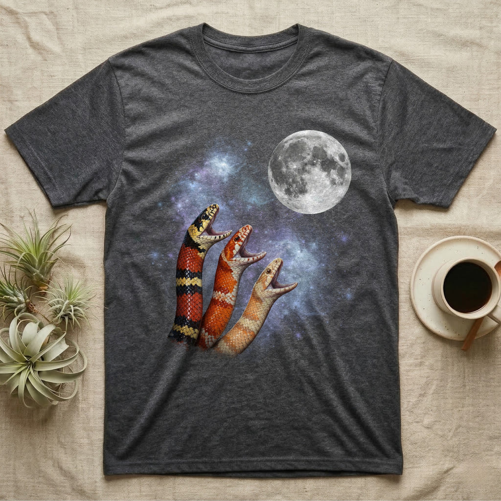 Milk Snake Moon Howl T-Shirt in Dark Heather — Three Milk Snake colour morphs howling at a full moon over a nebula on a dark grey t-shirt.