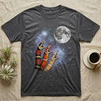 Milk Snake Moon Howl T-Shirt in Dark Heather — Three Milk Snake colour morphs howling at a full moon over a nebula on a dark grey t-shirt.