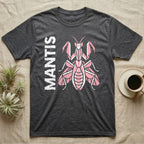 Dark gray t-shirt with a pink geometric mantis and the word "MANTIS".