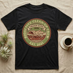 Isopod Terrarium Keepers Union T-Shirt in Black — Vintage union badge showing a cross-sectioned bioactive vivarium worked by isopods and springtails.
