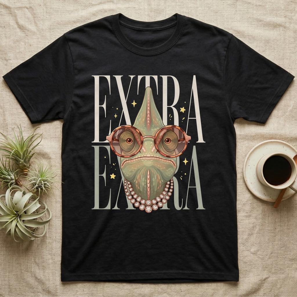 Chameleon wearing glasses and pearls, text "EXTRA EXTRA".