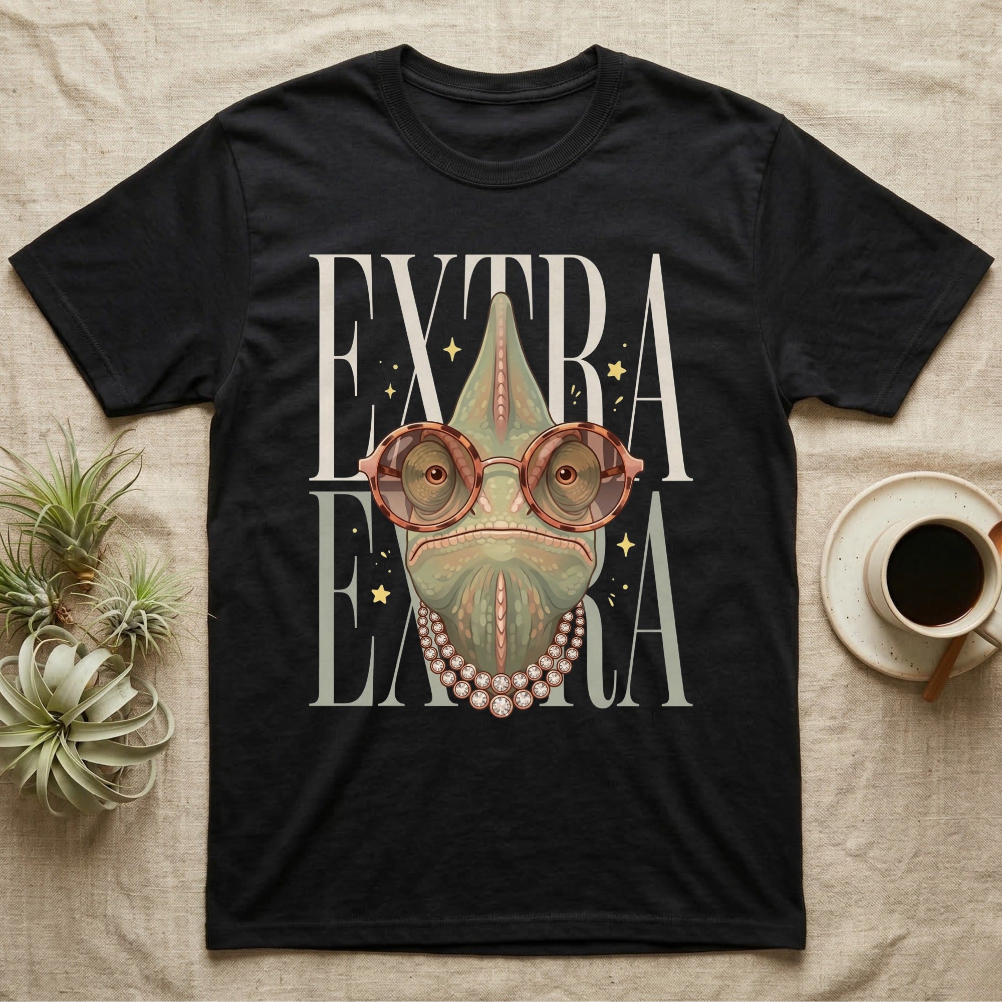 Chameleon wearing glasses and pearls, text "EXTRA EXTRA".