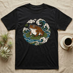 Black t-shirt with frog on lily pad and wave graphic.