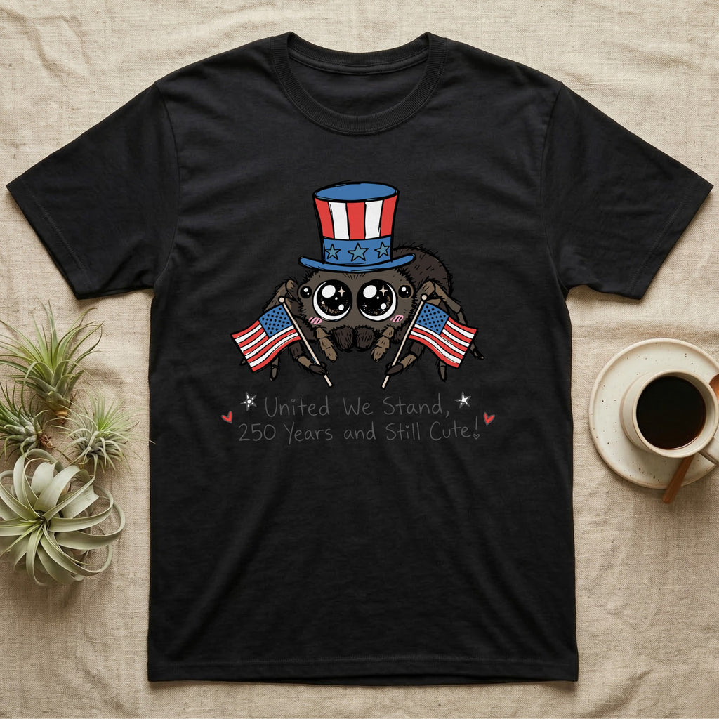 Jumping Spider Cute T-Shirt in Black — Kawaii jumping spider with big eyes in a top hat waving two flags above script United We Stand, 250 Years and Still Cute.